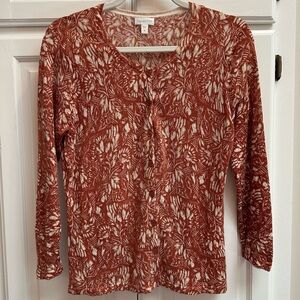 Garnet Hill Signature Eco Merino Wool Cardigan Rust & Cream Size Medium